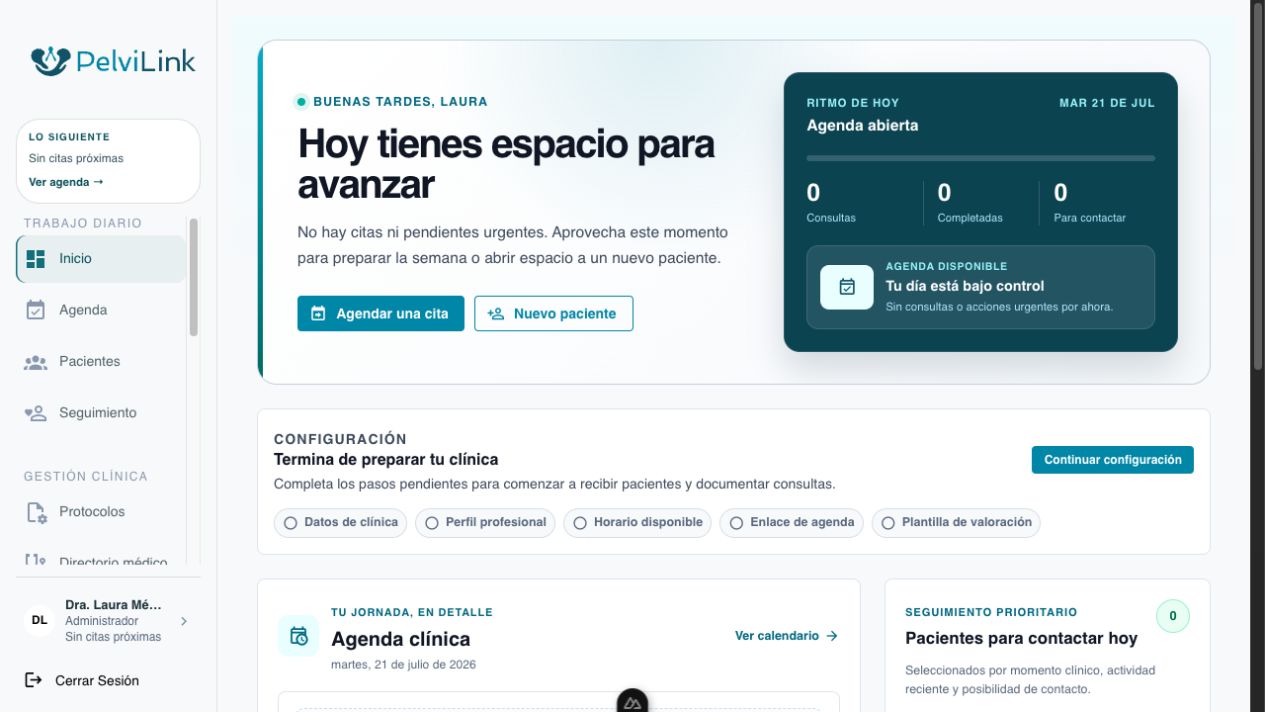 Pantalla de inicio de PelviLink con el resumen del día, capacidad semanal y próximas acciones