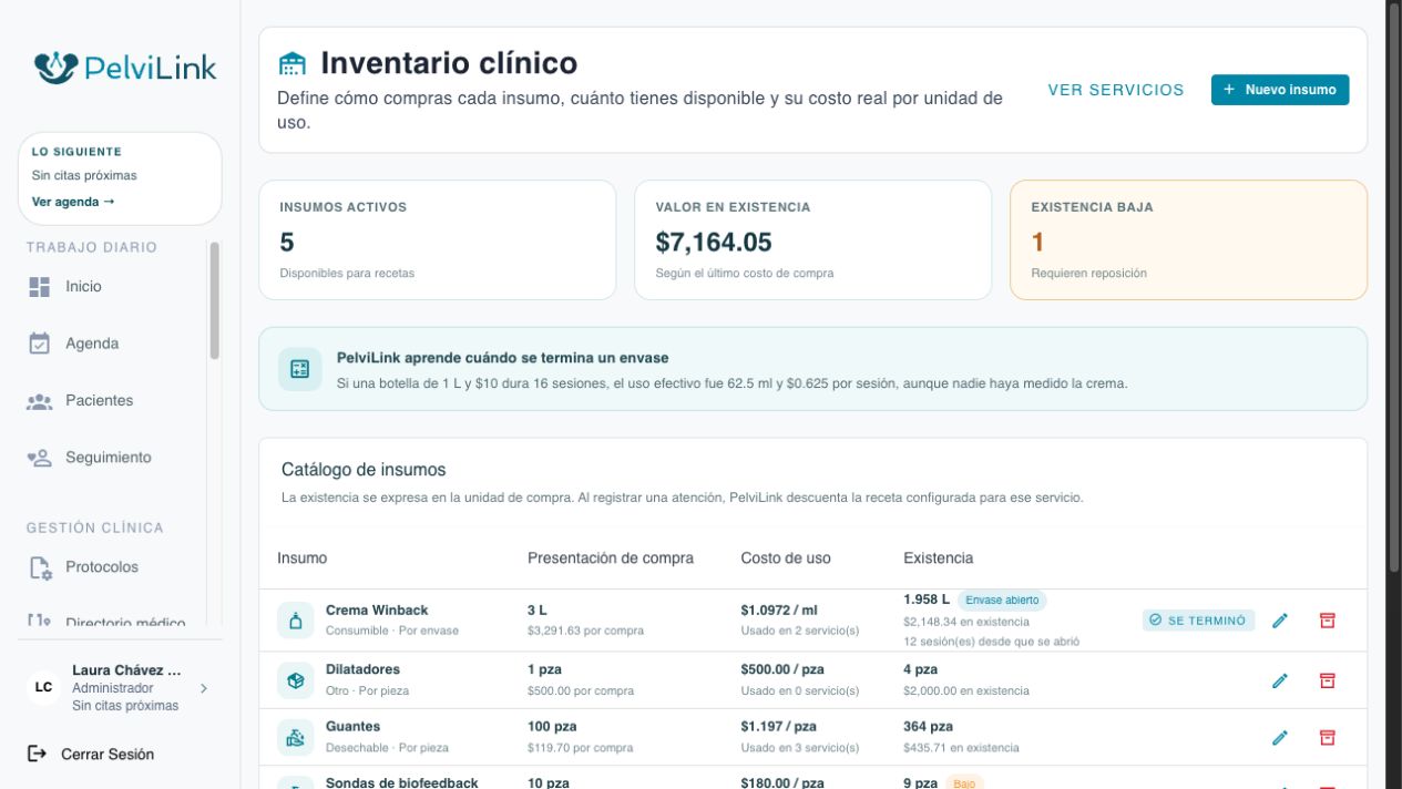 Inventario clínico de PelviLink con existencias, valor, alertas y costo de uso