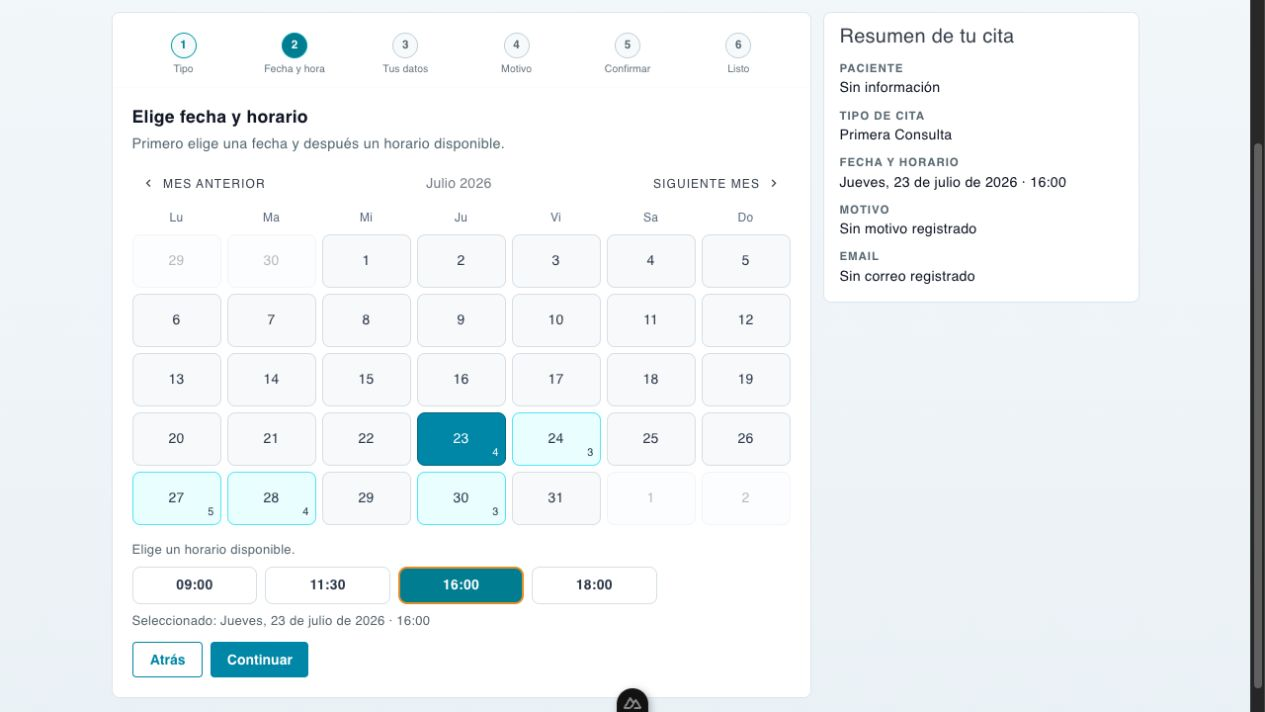 Página pública de PelviLink con calendario, horarios disponibles y resumen de la cita